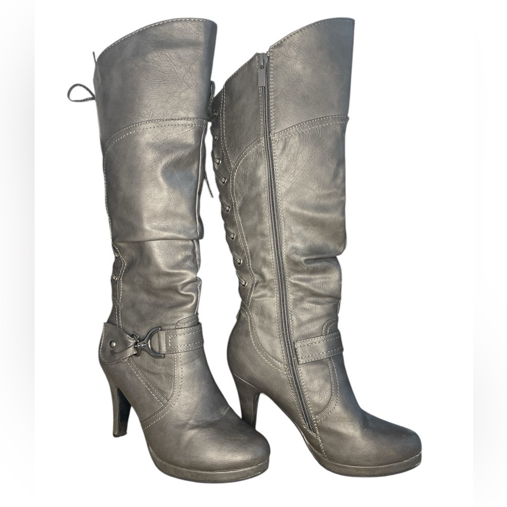 TOP Moda Women’s Size 7 Knee High Round Toe Lace-Up High Heel Boots Gray
